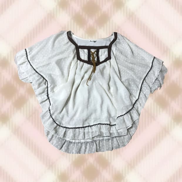 화이트 브라운 도트 땡땡이 케이프 블라우스 라떼 히메 갸루 러블리 모리