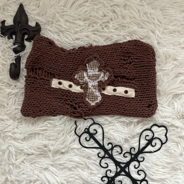 • hurtmade Brown Crochet Cross Damage Ha