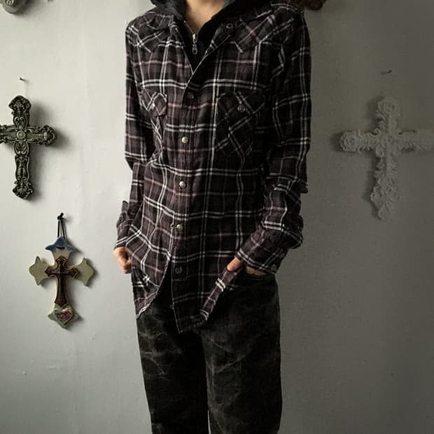 Hood layered check pattern shirt