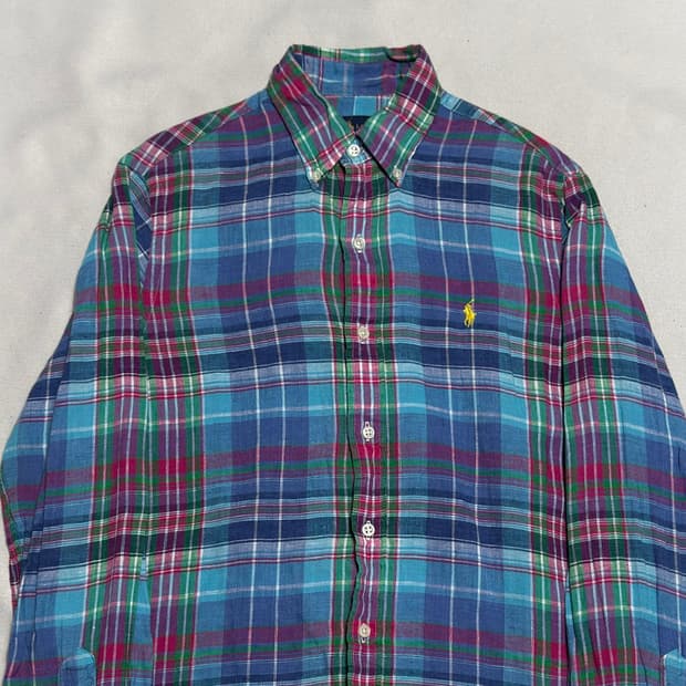 XS 폴로랄프로렌 블루체크 린넨 셔츠