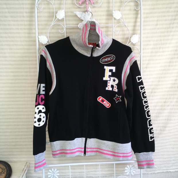 jpn vintage 블랙 와펜 핑크 스트라이프 디테일 집업 y2k 스트