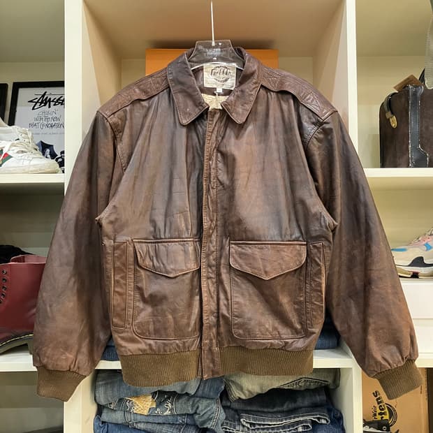 VTG 브라운 레더 봄버 자켓 S