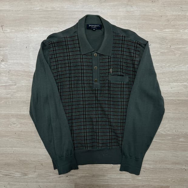 입생로랑 포켓 자수로고 체크 배색 카라 니트 [카키] M/95