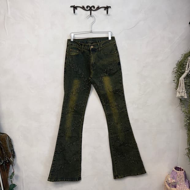 Washing green denim fairy beads 부츠컷팬츠