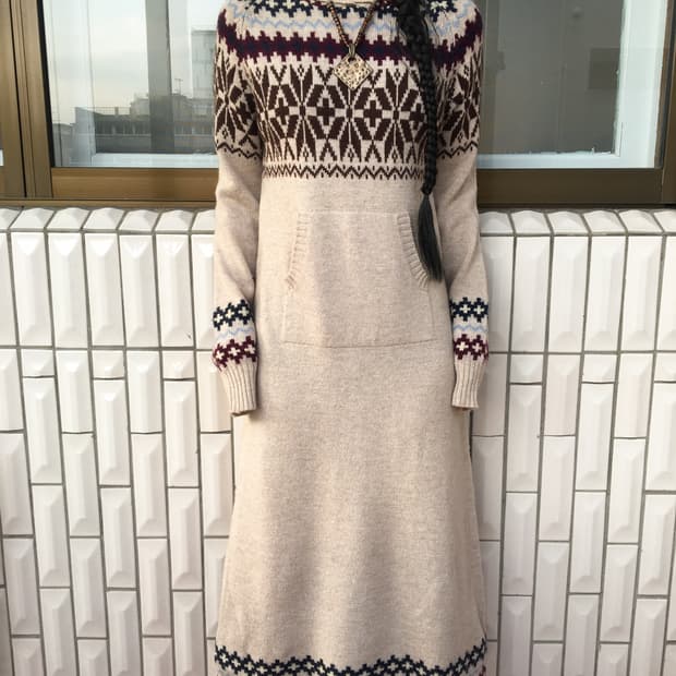 Nordic pattern hood knit onepiece