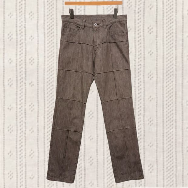 일본 빈티지 브라운 체크 패널 라인 스티치 팬츠
