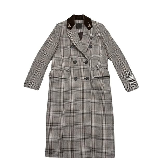 써스데이 아일랜드 더블여밈 체크 자수 맥시기장 코트 S