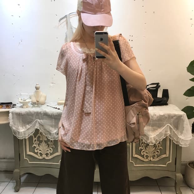 jpn vintage 핑크 도트 블라우스