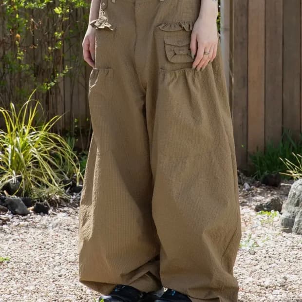 (택포) 엑스톤즈우먼 사키 프릴 시어서커 와이드 팬츠 브라운