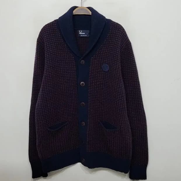 (L) 프레드페리 가디건 숄카라 와플패턴 램스울 매장판 