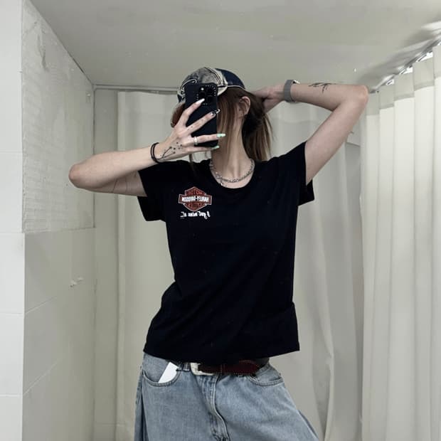 할리데이비슨 블랙 로드사인 빈티지 루즈핏 반팔