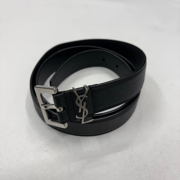 생로랑 YSL 실버 로고 블랙 레더 벨트