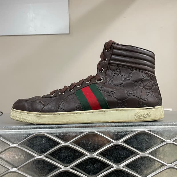구찌 레더 하이탑 스니커즈 브라운 7