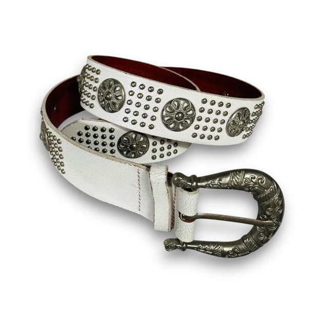 Ethnic Multi Stud White Leather Belt