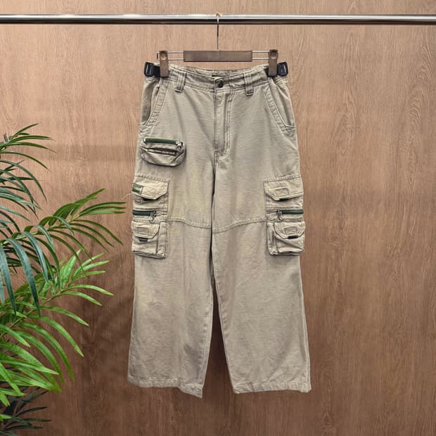 JPN 카고 팬츠 가먼트 다잉 멀티 포켓 사이드 스트랩 와이드핏 베이지