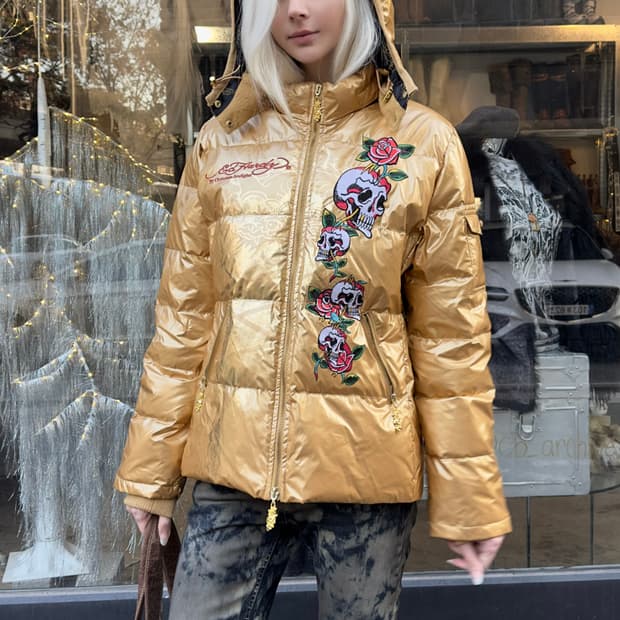 2000s 에드하디 골드 패치 패딩 코트