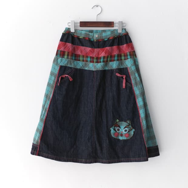 cat check denim skirt 