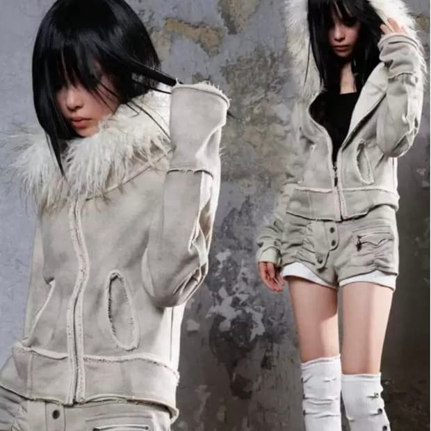 ARIADNAw 펑크 퍼 빈티지 후드집업 반바지 set