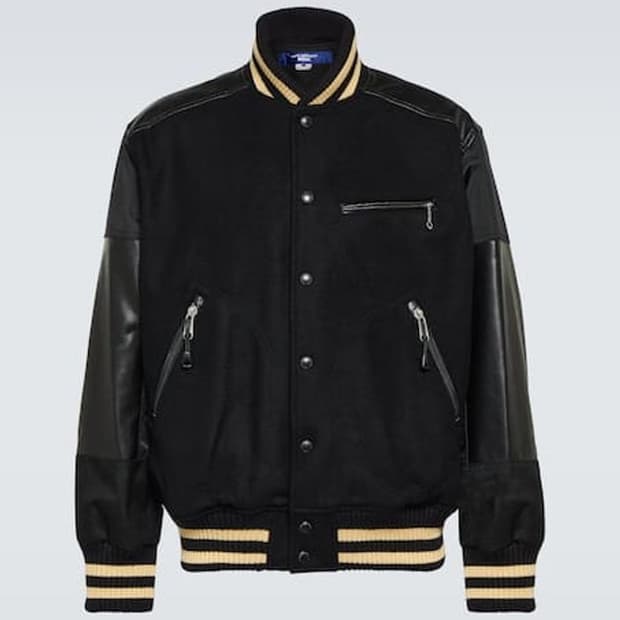 준야와타나베 블랙 울 및 나일론 혼방 바시티 재킷