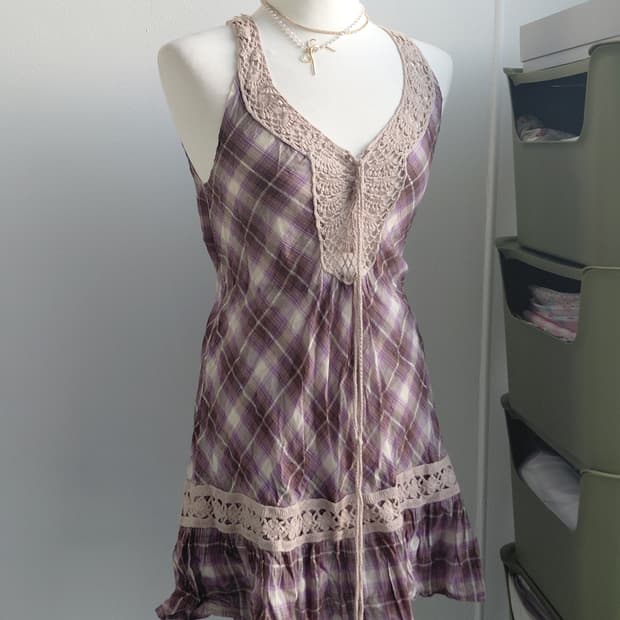[일본빈티지] 체크 패턴 레이스 미니 원피스