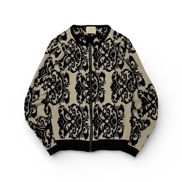 블랙 베이지 다마스크 패턴 코튼 가디건 집업