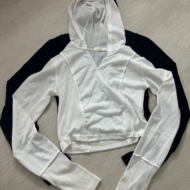 드로우어텐션 크롭 후드 긴팔티