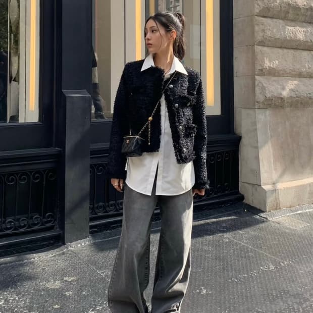 새상품) 카키포인트 트위드 크롭 자켓 블랙