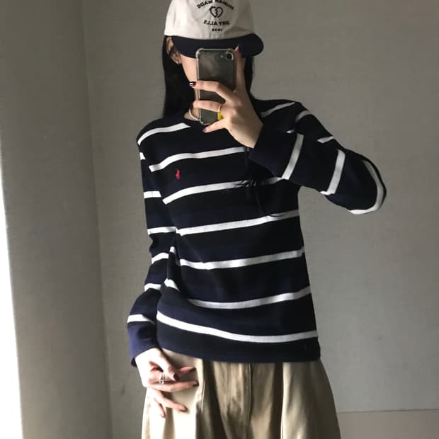 폴로 스트라이프 와플 롱슬리브