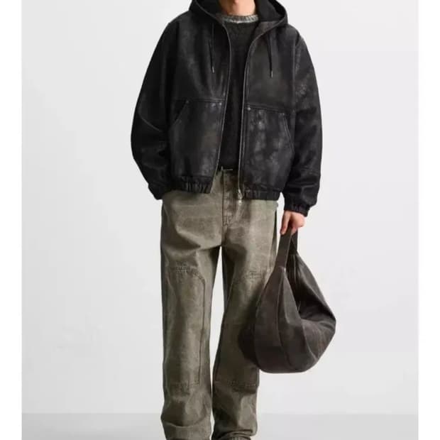 자라 리얼 레더 램스킨 양가죽 후드 집업 S