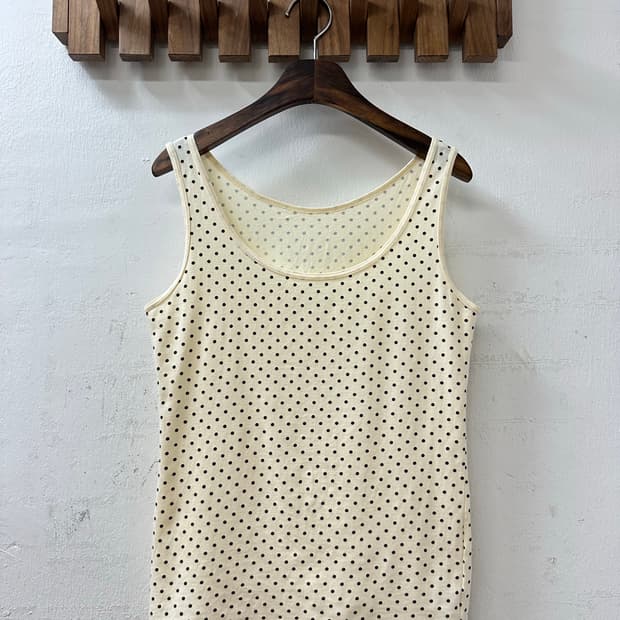 일본빈티지 코튼 레몬버터 블랙 도트 슬리브리스 탑 티셔츠