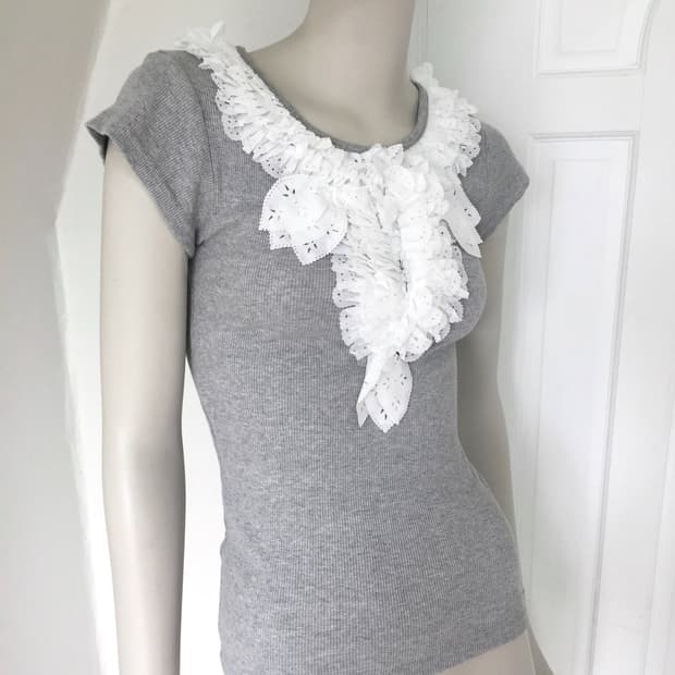 Gray Fitted Ruffle Detail T-Shirt
