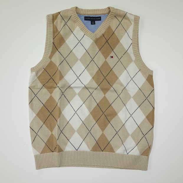 CL320 XS 타미힐피거 00s 코튼 아가일 브이넥 조끼 니트