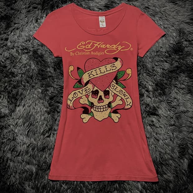 Ed Hardy 레드 스컬 큐빅 반팔 티셔츠