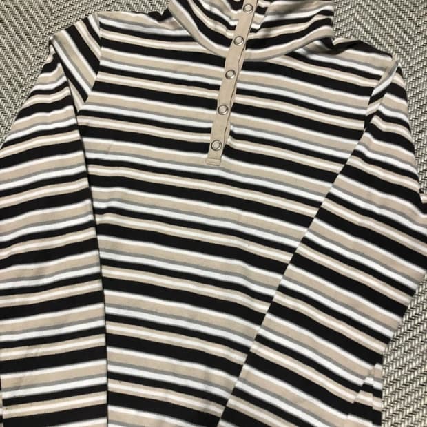 빈티지 너드 줄무늬 하이넥 긴발 티