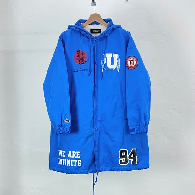 언더커버 19AW 네온 블루 로즈 프린팅 랑게 후디 레인 코트 자켓 