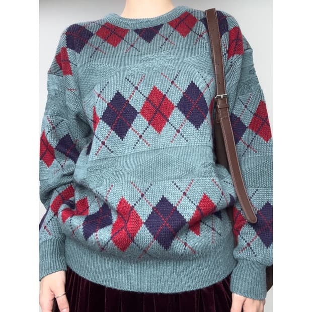 빈티지 아가일 울 니트 스웨터