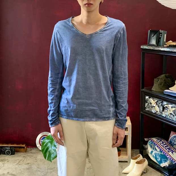 조르지오 브라토 백 레더 패치 브이넥 다잉 롱슬리브