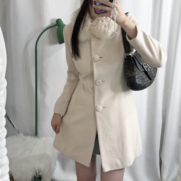 아이보리 앙고라 & 폭스퍼 롱 코트