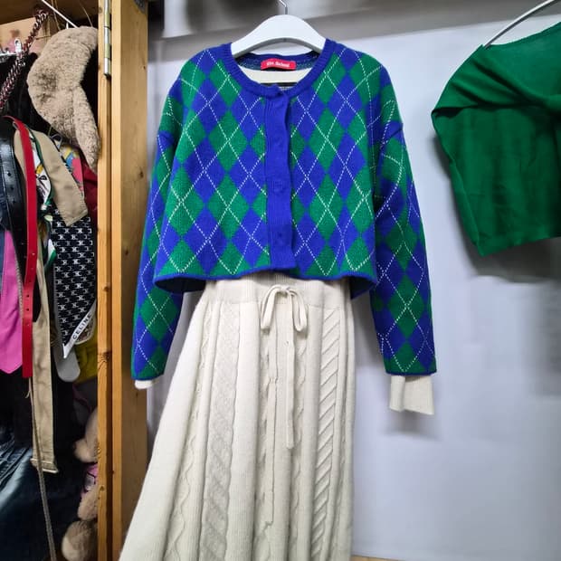 블루 그린 아가일 크롭 가디건