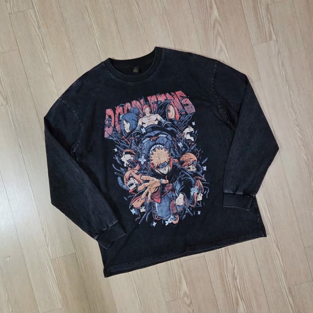 LIANGXILIN 블랙 원워싱 프린트 롱 슬리브 티셔츠