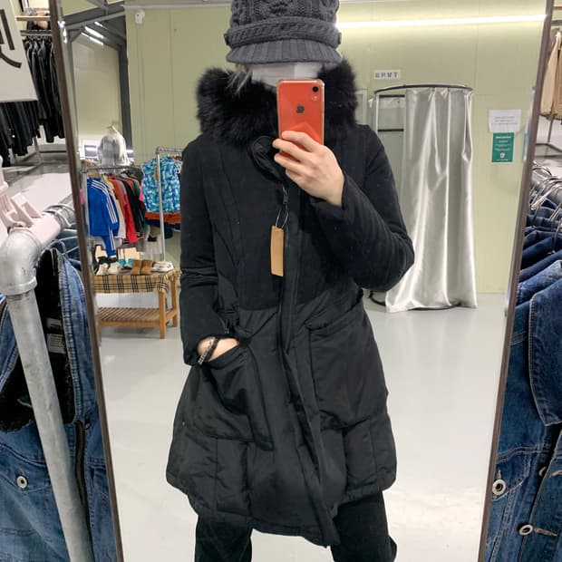 타임 빈티지 폭스 퍼후드 하이넥 패딩점퍼 여성 85 00s 무채색 블랙