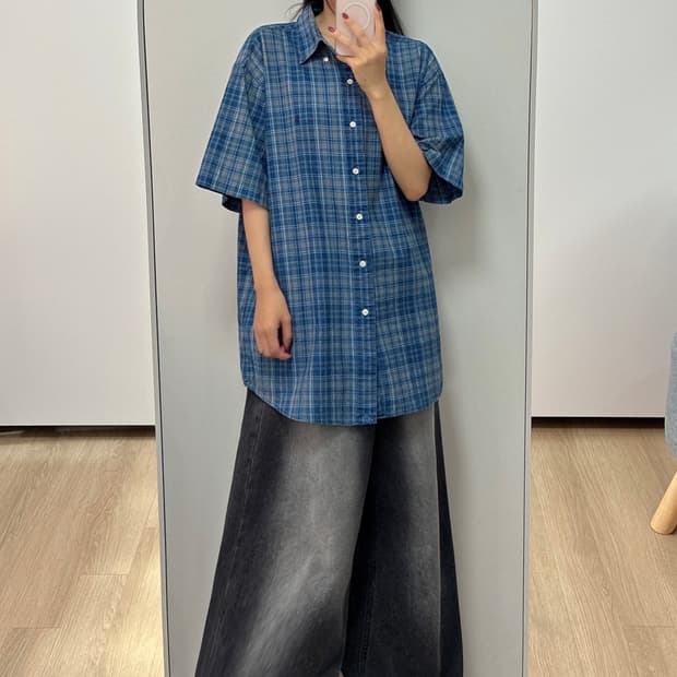 폴로 랄프로렌 데님블루 타탄체크 반팔 셔츠 남방