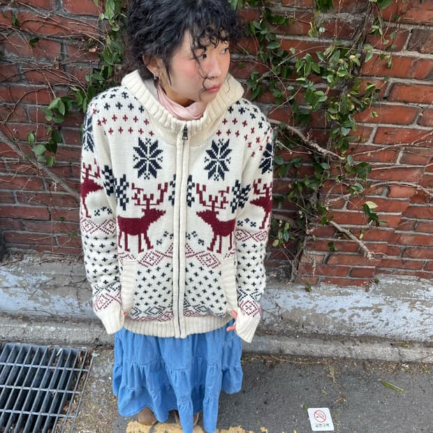 노르딕 패턴 양털 니트 후드 집업 아우터