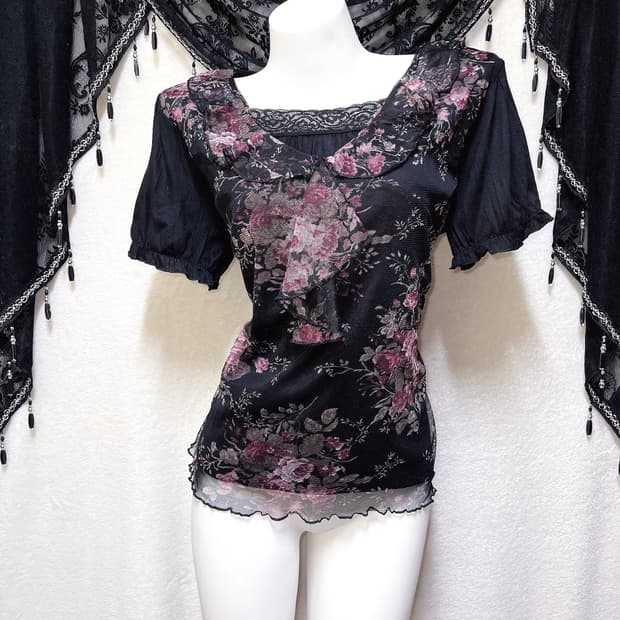 로맨틱고딕 오리엔탈 다크페어리 플라워 레이스 반팔탑 히메카지 갸루 핀터