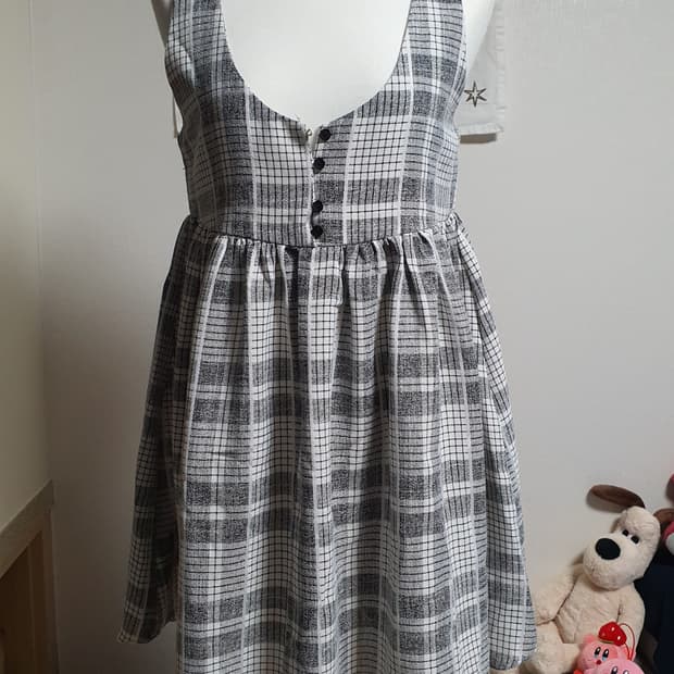 [빈티지] 원더플레이스 체크 레이어드 원피스 블랙 버튼 민소매