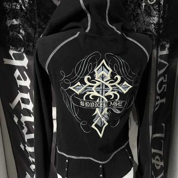 00s Vkei Cross hoodie 스터드십자가슬림후드집업핀터크롬깔