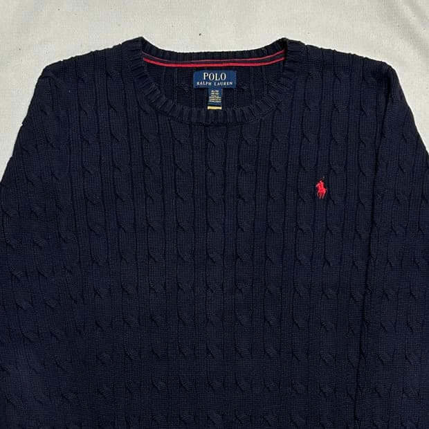 XL 폴로랄프로렌 레드 포니 여성용 네이비 케이블 니트