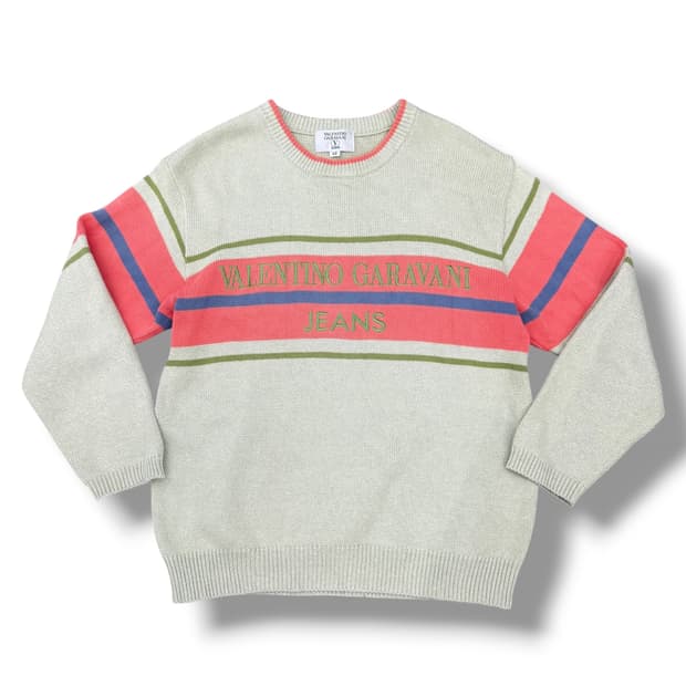 발렌티노 피스타치오 핑크 자수 코튼 라운드 니트