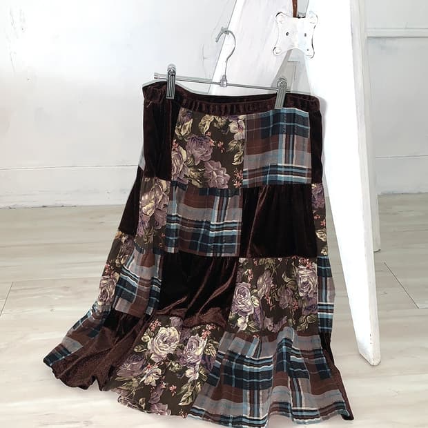 Brown velvet patchwork midi skirt