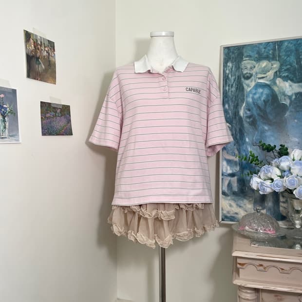 pink gray stripe collar top